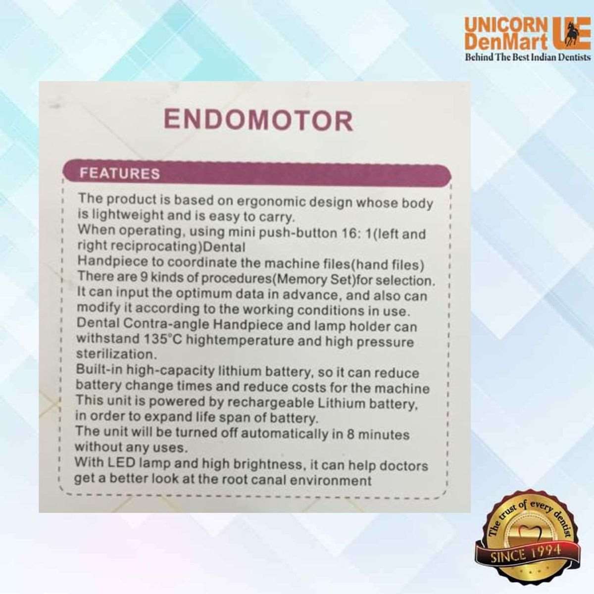 Unicorn Denmart Endo SMART Cordless Dental Endomotor with LED Head - Vitalticks