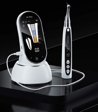 Image of the Woodpecker AI-PEX, a dental apex locator, used in endodontic procedures to precisely determine the working length of a tooth root canal.